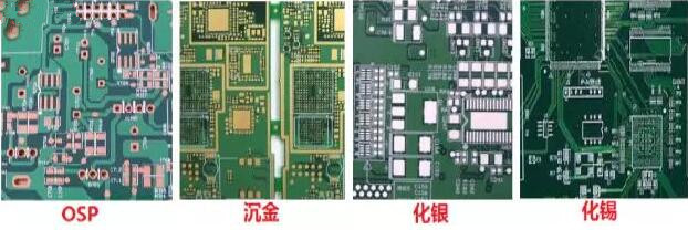 表面工藝分：熱風整平，沉金， 化銀， 化錫， OSP 等幾種表面工藝